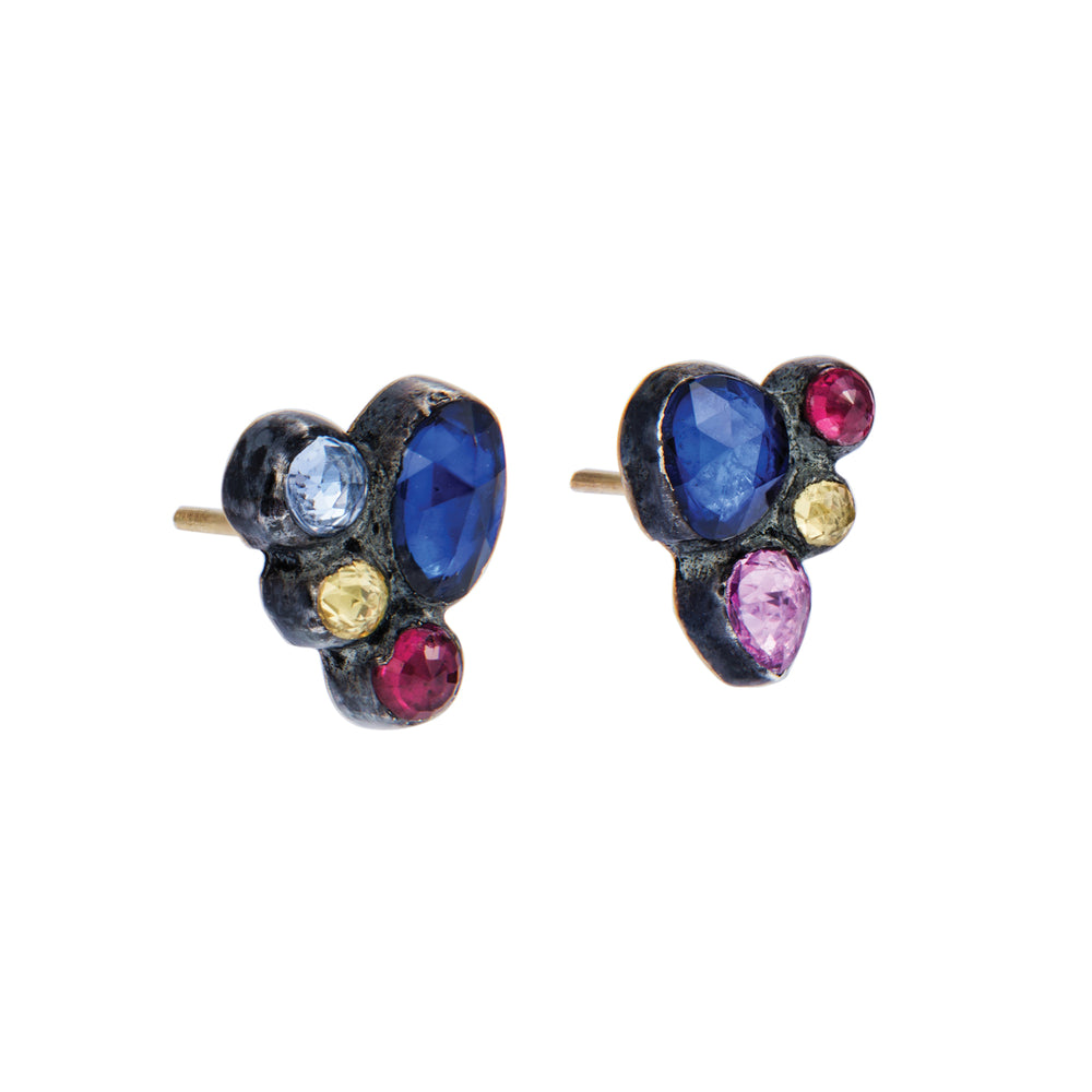 OXIDIZED GILVER MULT-COLORED SAPPHIRE CASCADE CLUSTER STUD EARRINGS