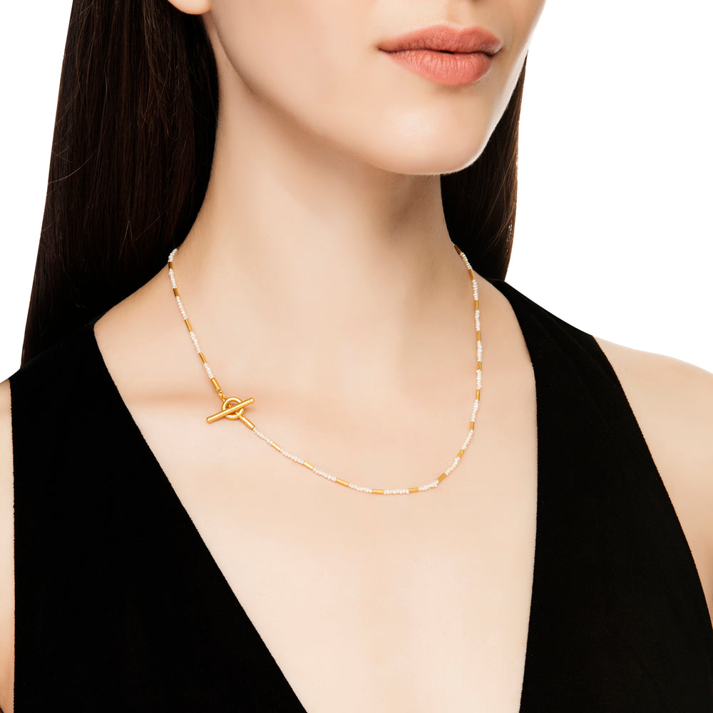24K GOLD BAMBOO PEARL BEADED NECKLACE