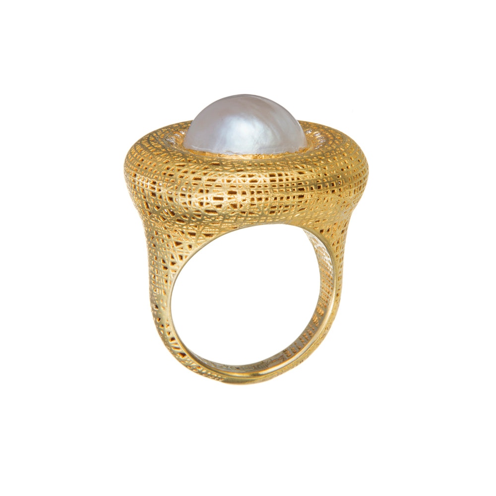 18K GOLD PEARL & DIAMOND LACE RING