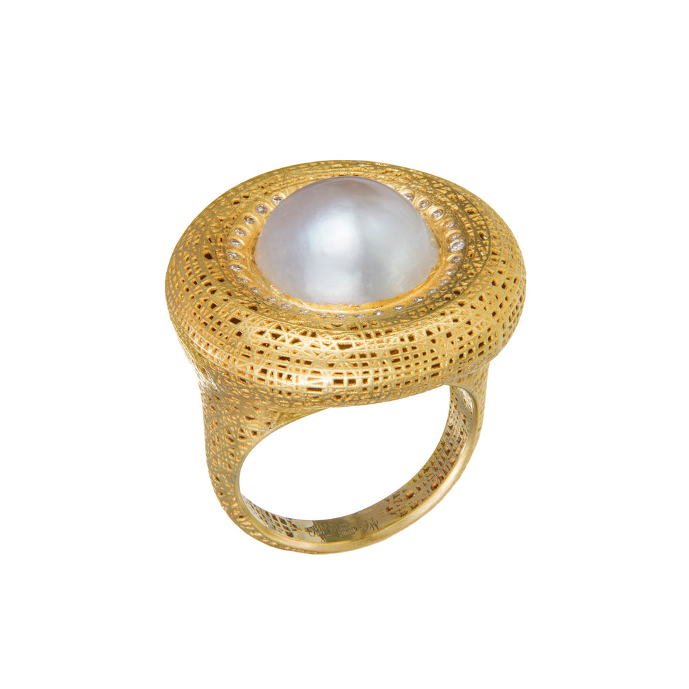 18K GOLD PEARL & DIAMOND LACE RING